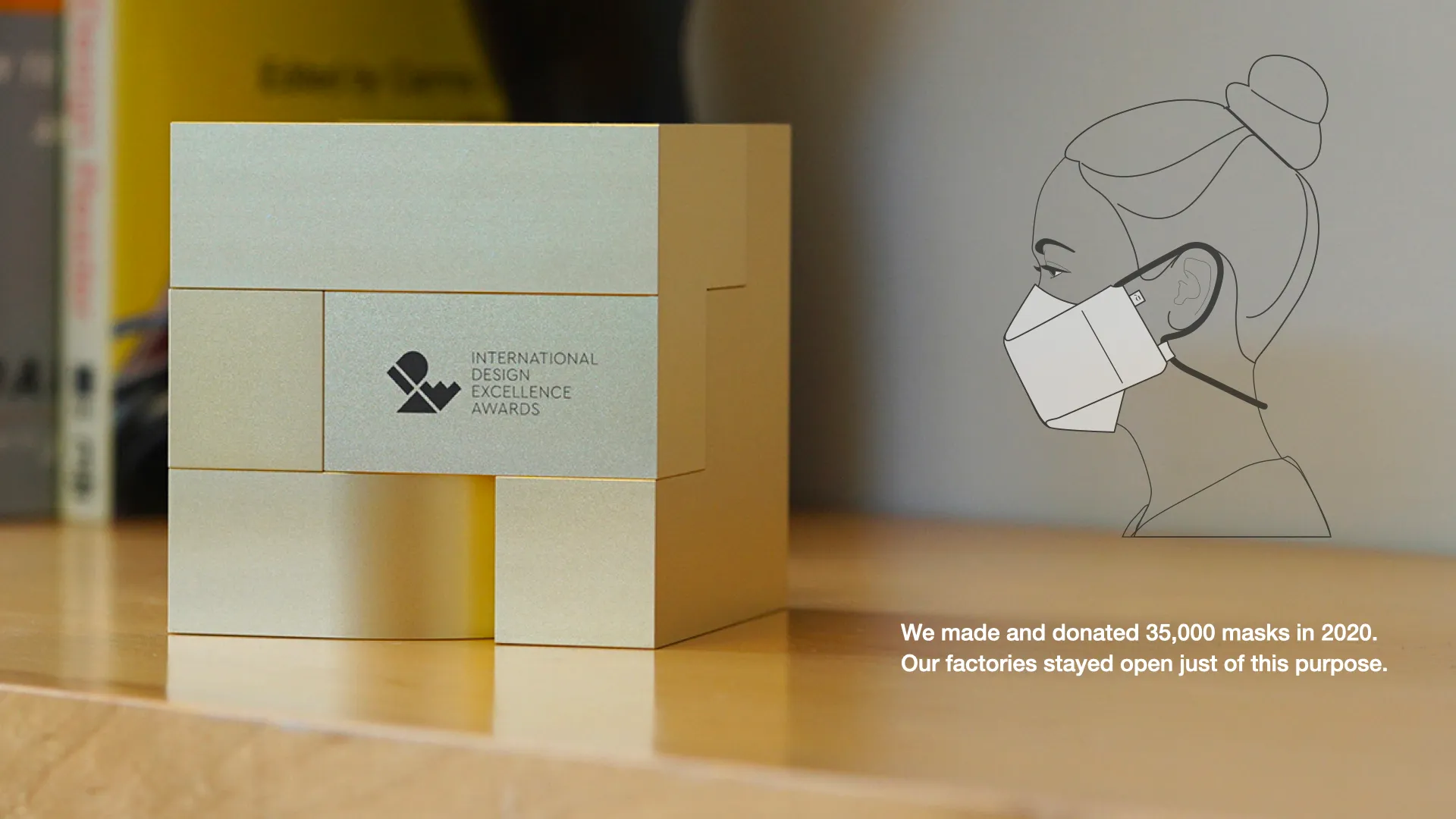 IDEA award and mask illustration — 35,000 masks made and donated in 2020